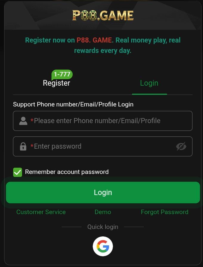 P88 Game Register Page